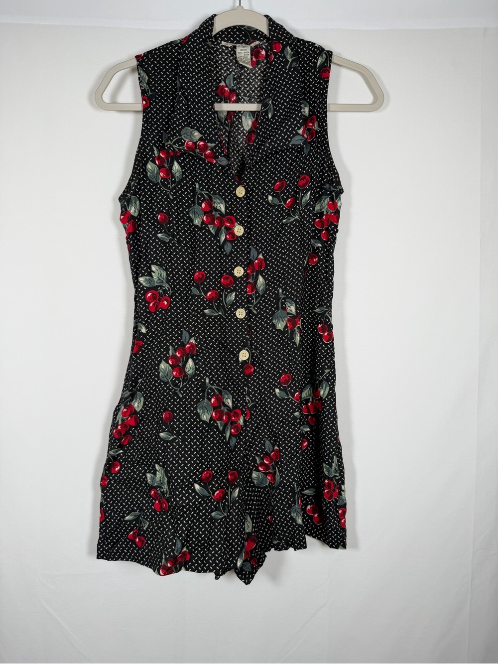 Vintage Y2K Sleeveless Black Cherry-Print Button-Front Romper - Preppy